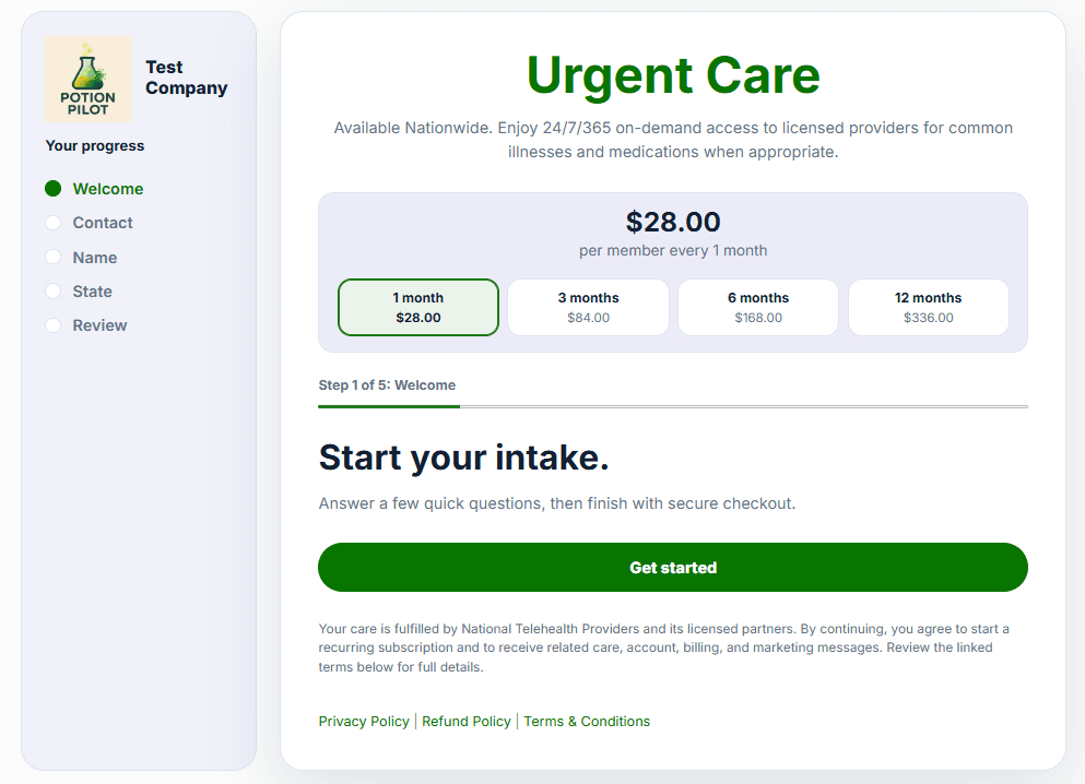 Branded intake form with partner logo and telehealth workflow