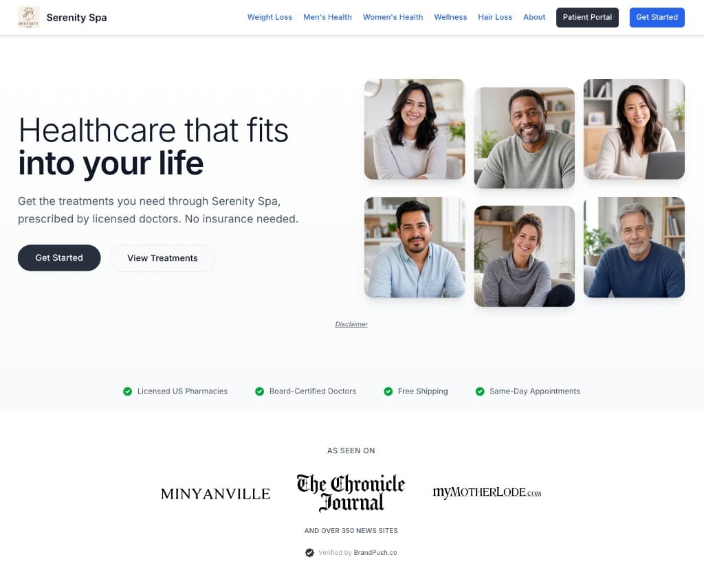 Serenity Spa managed website preview for a white-label telehealth business