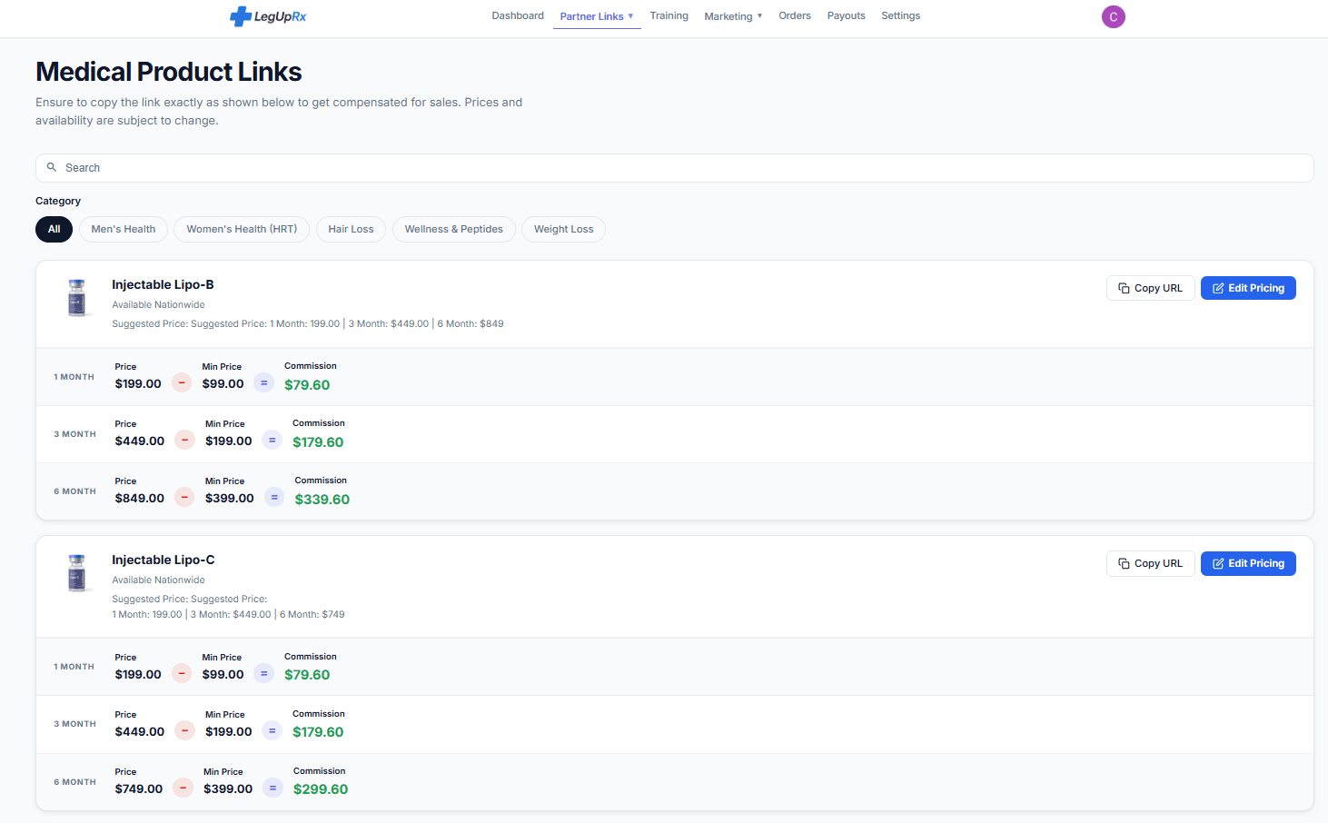 Pricing and commission preview controls for weight loss programs