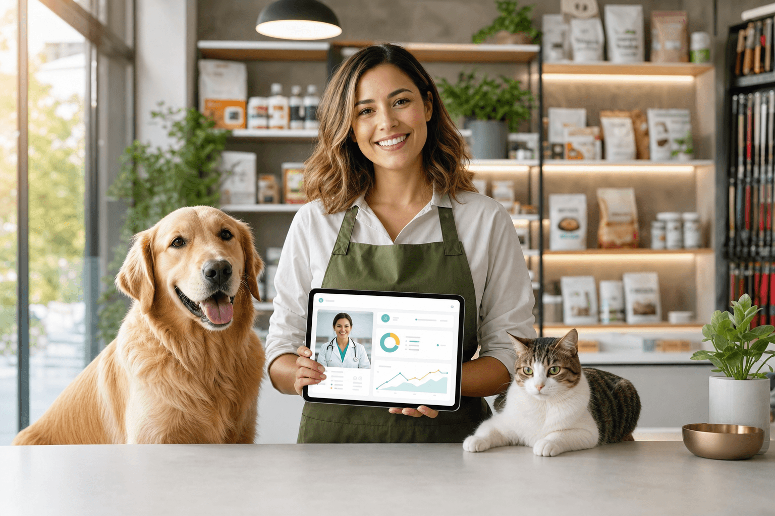Pet owner holding a tablet during a virtual veterinary visit with her dog